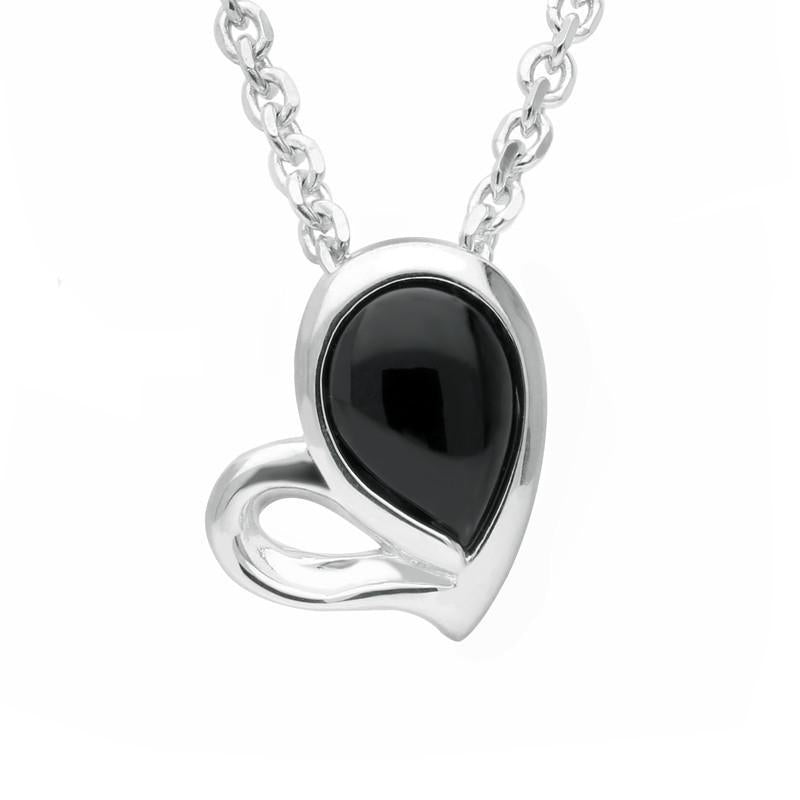 Sterling Silver Whitby Jet Half Filled Heart Necklace P2540