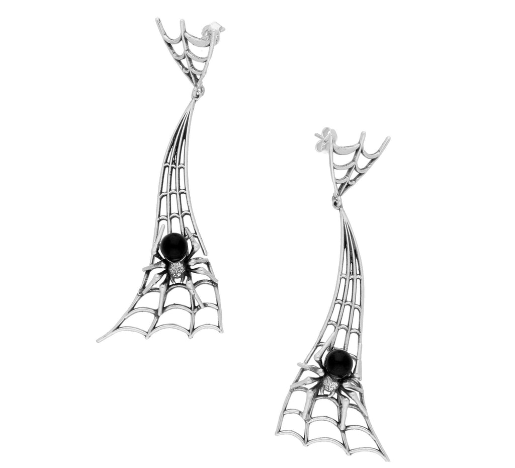 Sterling Silver Whitby Jet Gothic Articulated Spider Web Drop Earrings. E2101.