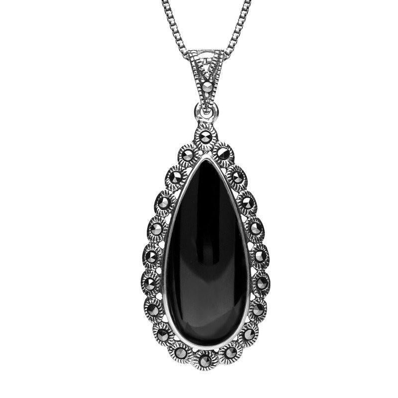 Silver Whitby Jet Marcasite Scalloped Edge Pear Pendant Necklace P2344