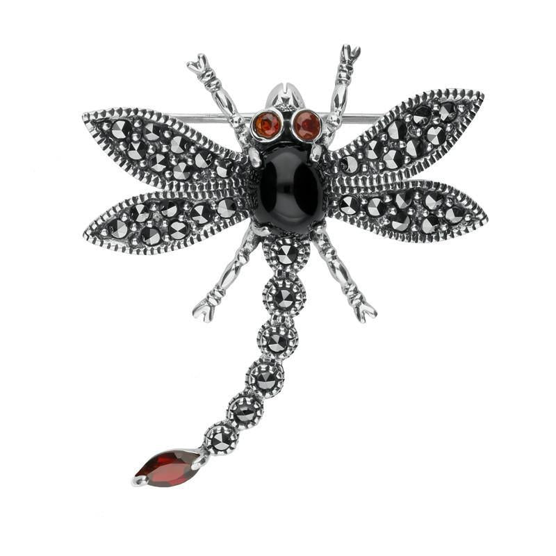 Sterling Silver Whitby Jet Marcasite Garnet Dragonfly Brooch. M329.