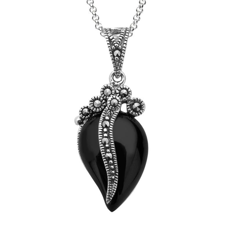 Silver Whitby Jet Marcasite Wave Bail Pear Pendant Necklace