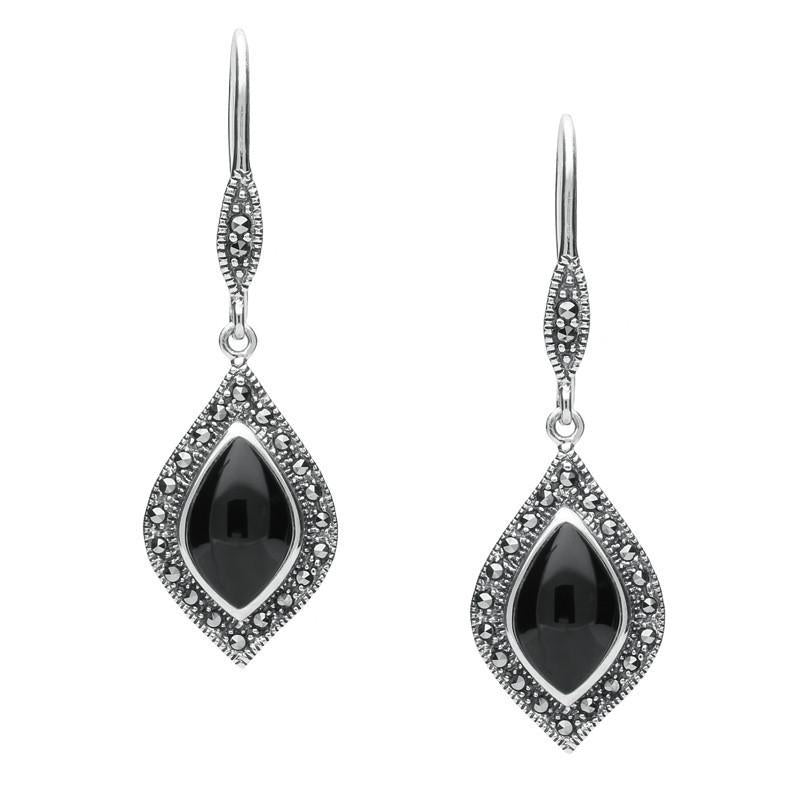 Sterling Silver Whitby Jet Marcasite Pointed Pear Hook Earrings. E2239.