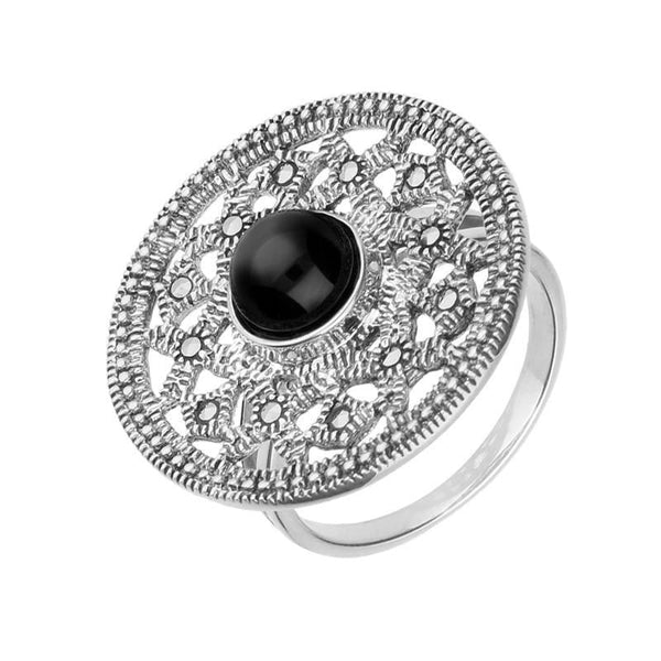 Sterling Silver Whitby Jet Marcasite Shield Ring. R819.