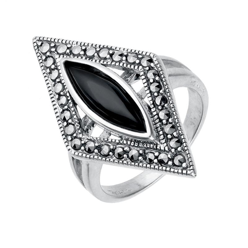 Sterling Silver Whitby Jet Marcasite Triangle Ring. R820.
