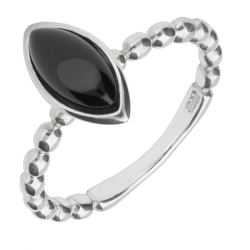 Sterling Silver Whitby Jet Marquise beaded Shank Stacking Ring. R869.