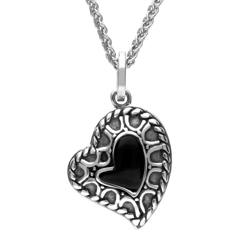 Silver Whitby Jet Patterned Oxidised Heart Pendant Necklace P2602