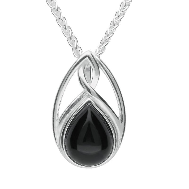 Silver Whitby Jet Pear Shaped Celtic Twist Drop Necklace P1411