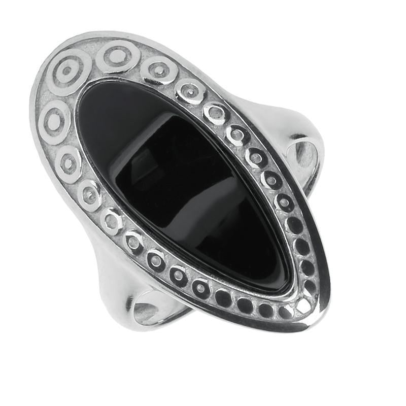 Sterling Silver Whitby Jet Heritage Pear Swirl Edge Ring. R921.