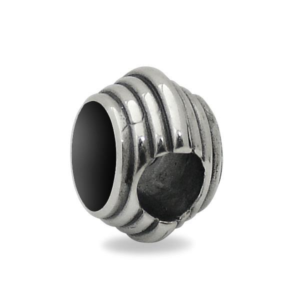 Silver Whitby Jet Round Stone Ribbed Charm G502