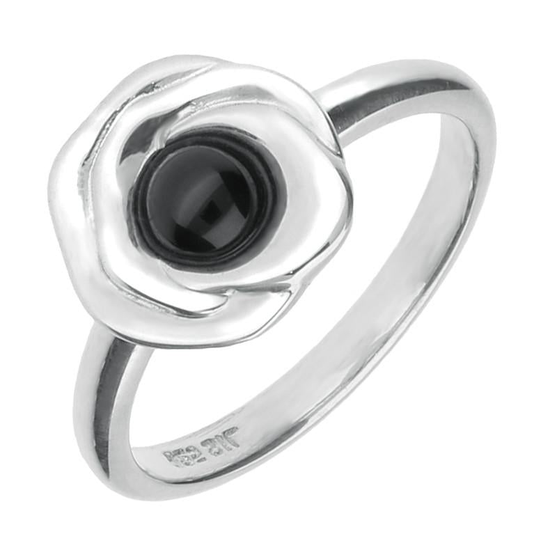 Silver Whitby Jet Stone Rose Ring R873