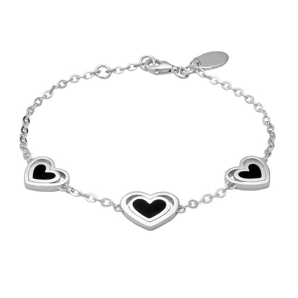 Sterling Silver Whitby Jet Three Stone Heart In Heart Bracelet B1079