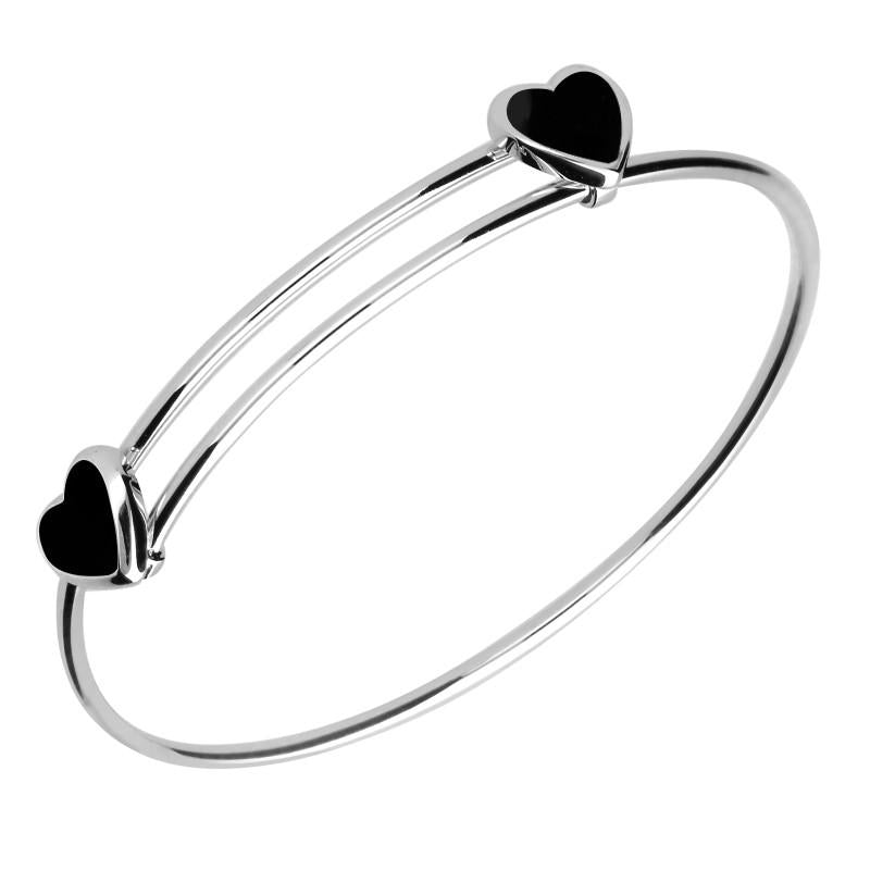 Sterling Silver Whitby Jet Two Stone Heart Slide Bangle B1080