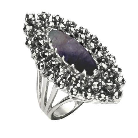 Sterling Silver Blue John Marcasite Double Marquise Ring. R814
