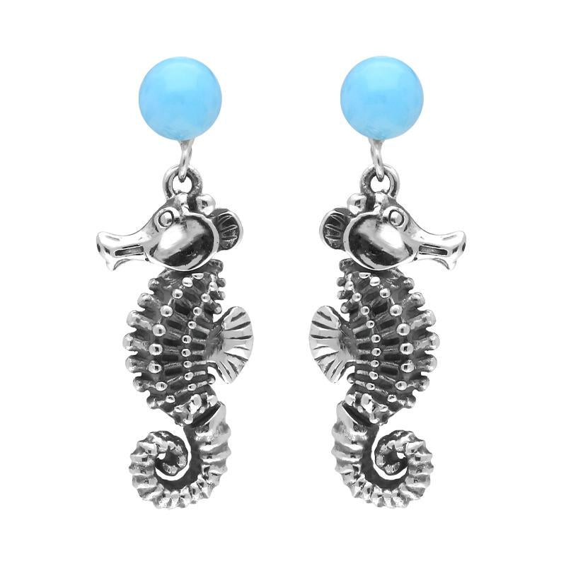 Sterling Silver Small Stone Larimar Seahorse Drop Earrings E1936
