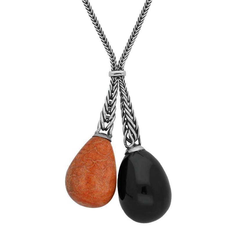 Sterling Silver Whitby Jet Apple Coral Double Dropper Necklace. N580.
