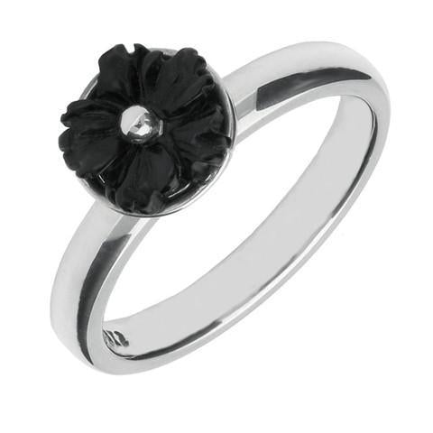 Sterling Silver Whitby Jet Carved Flower Ring. R630