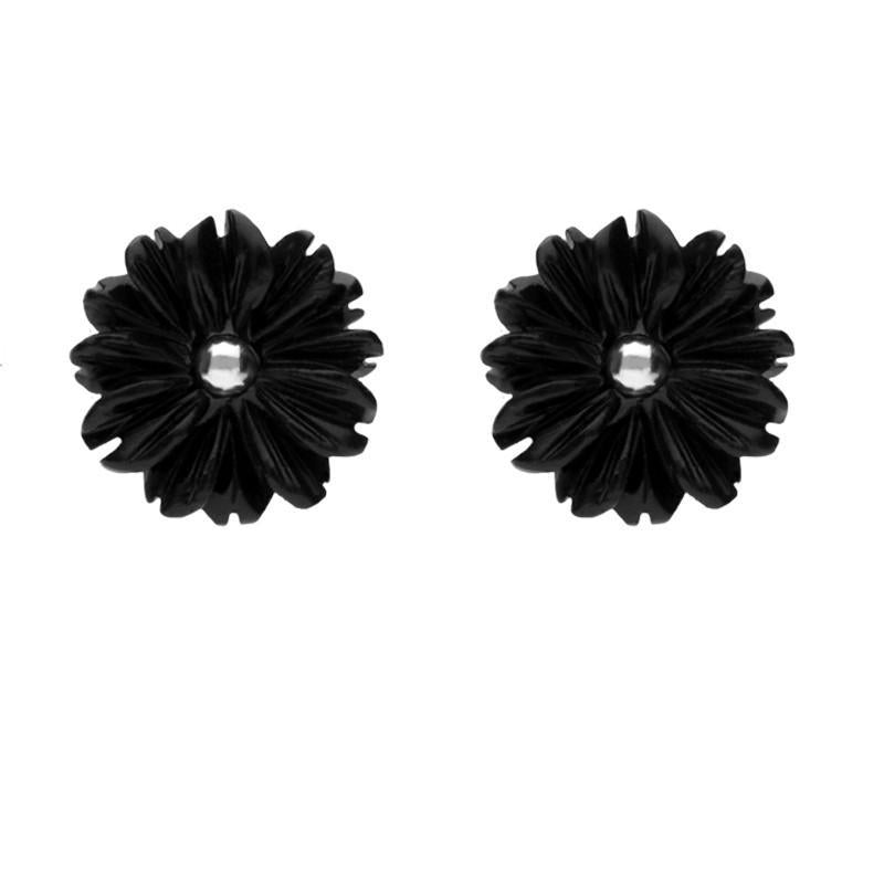 Sterling Silver Whitby Jet Carved Pointy Petal Stud Earrings. E671
