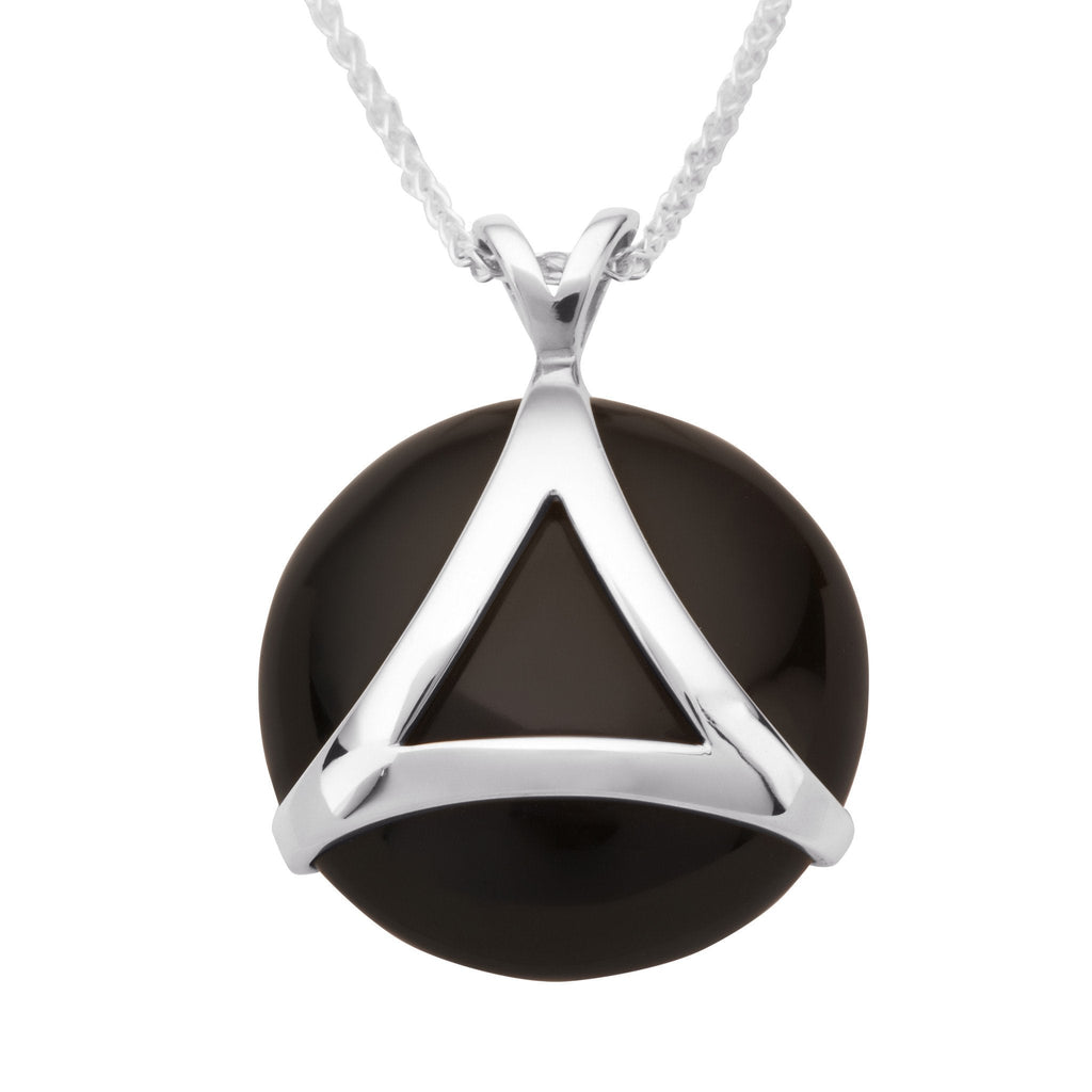 Sterling Silver Whitby Jet Circle Pendant Triangle Setting Necklace. P1860