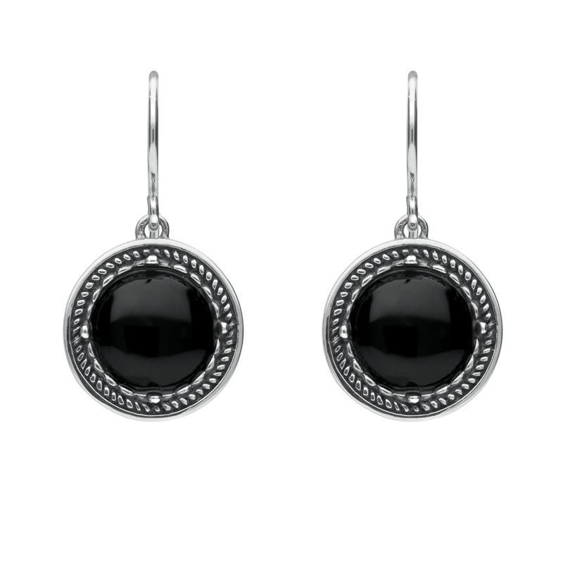 Sterling Silver Whitby Jet Circle Stone Oxidised Drop Earrings. E1927
