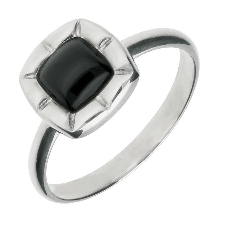 Sterling Silver Whitby Jet Cushion Ridged Edge Ring. R871