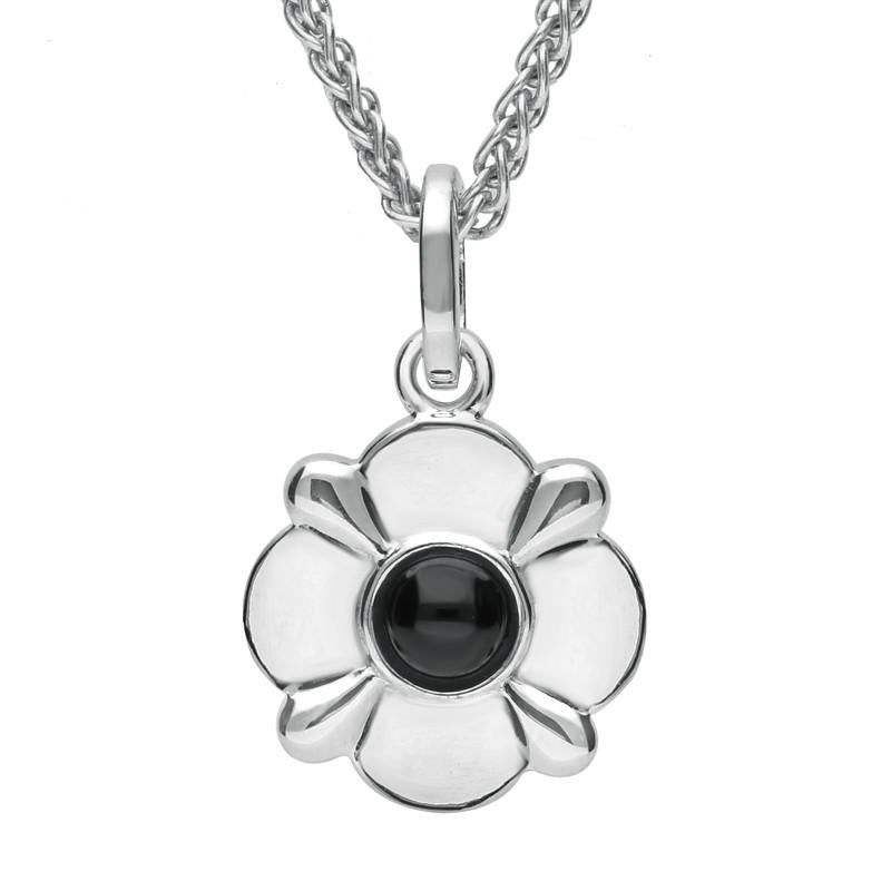 Sterling Silver Whitby Jet Four Petal Yorkshire Rose Necklace. P2095