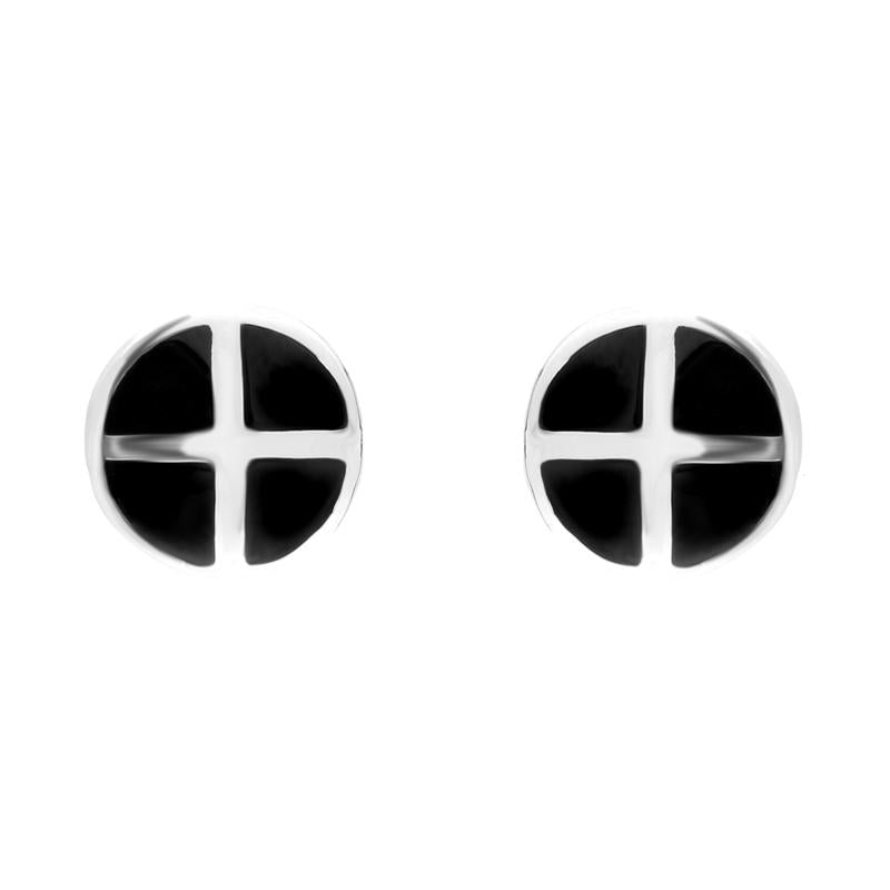 Sterling Silver Whitby Jet Four Stone Round Cross Stud Earrings. E1227.