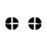 Sterling Silver Whitby Jet Four Stone Round Cross Stud Earrings. E1227.