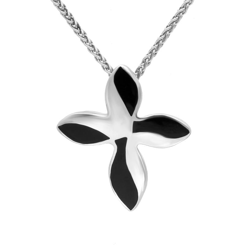 Sterling Silver Whitby Jet Four Stone Twisted Cross Necklace. P1258