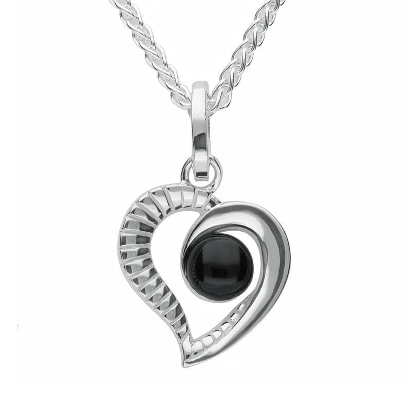 Sterling Silver Whitby Jet Half Ridged Heart Necklace, P2548.