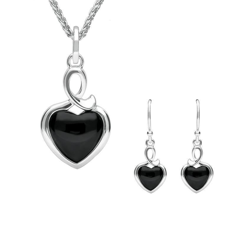 Sterling Silver Whitby Jet Heart Loop Two Piece Set