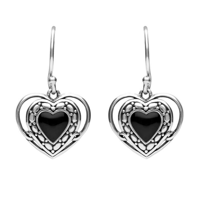 Sterling Silver Whitby Jet Heart in Heart Drop Hook Earrings E1951
