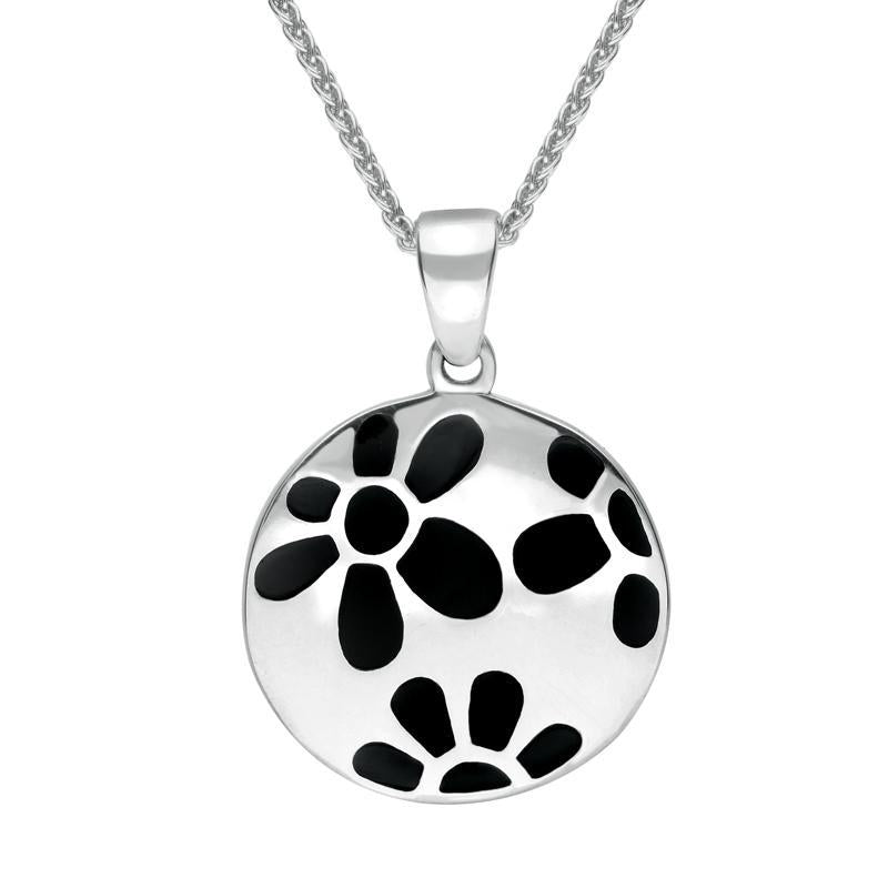 Sterling Silver Whitby Jet Inlaid Flower Necklace. P1275