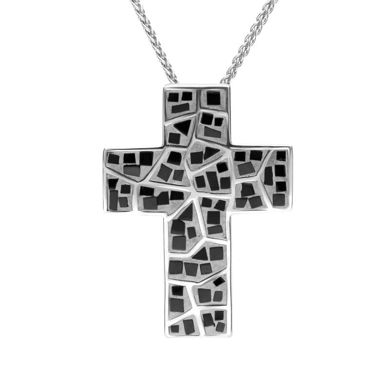 Sterling Silver Whitby Jet Large Mosaic Cross Necklace. P867