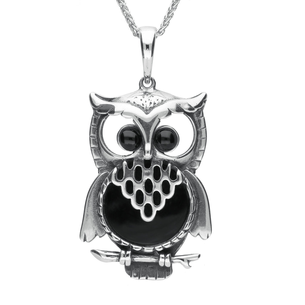 Sterling Silver Whitby Jet Large Owl Necklace P2323