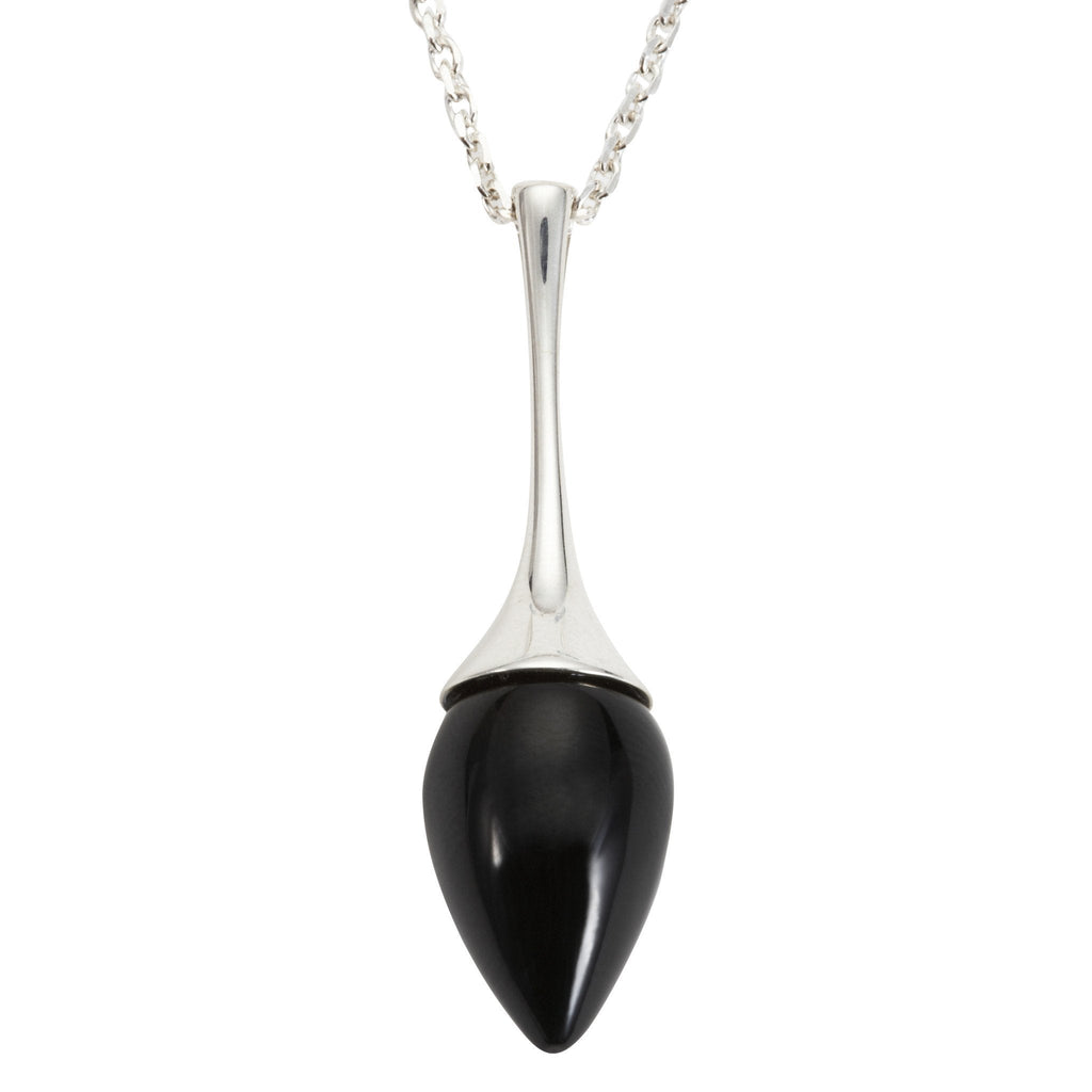 Sterling Silver Whitby Jet Long Flute Pear Stone Necklace. P1909
