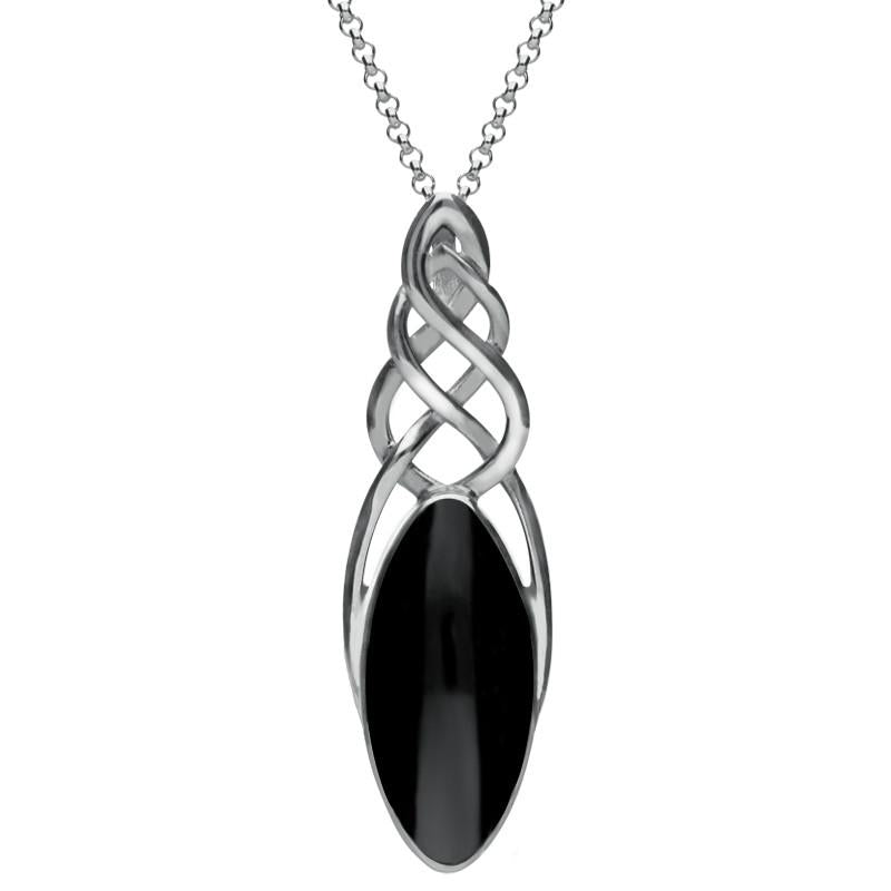 Sterling Silver Whitby Jet Long Marquise Celtic Necklace, P1391.