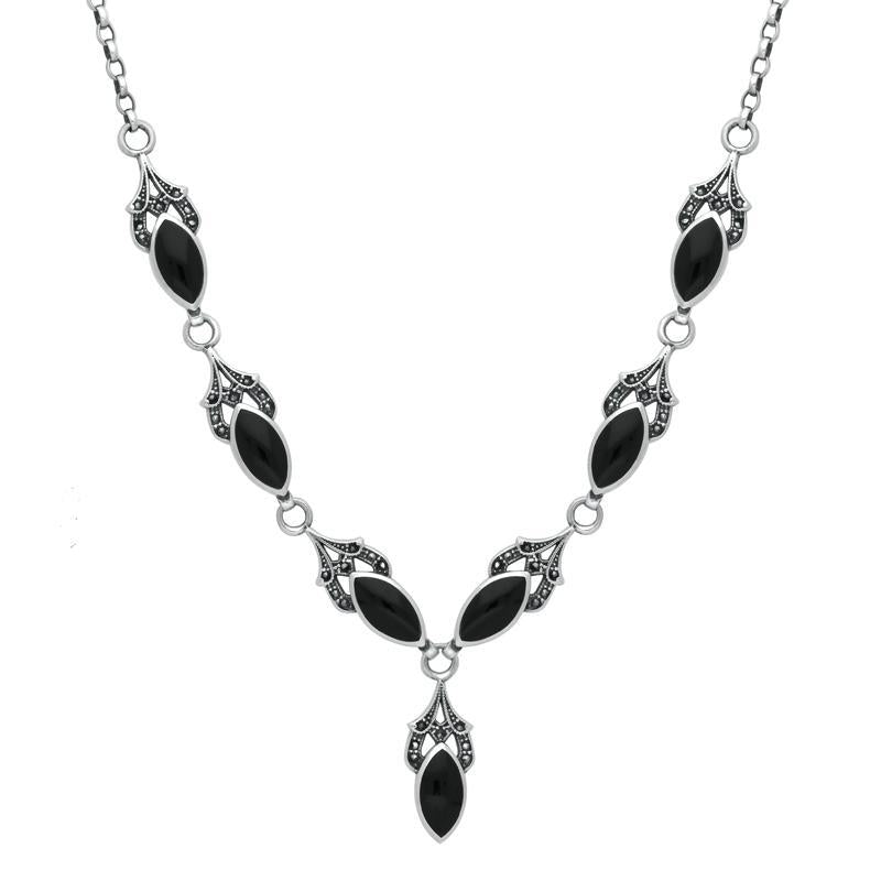 Sterling Silver Whitby Jet Marcasite 7 Stone Pave Marquise Necklace. N896