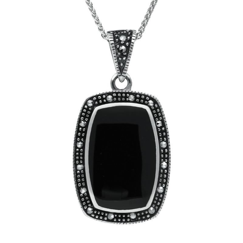 Sterling Silver Whitby Jet Marcasite Curved Oblong Necklace. P1318