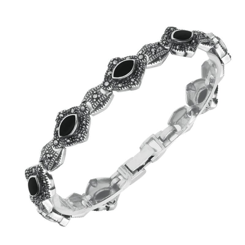 Sterling Silver Whitby Jet Marcasite Marquise Link Bracelet. b754.