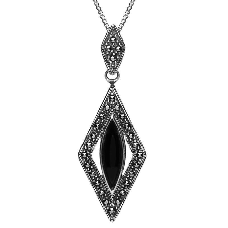 Sterling Silver Whitby Jet Marcasite Marquise Necklace, P2144.