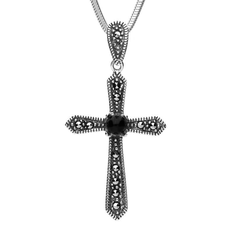 Sterling Silver Whitby Jet Marcasite Pointed Cross Necklace, P2124.