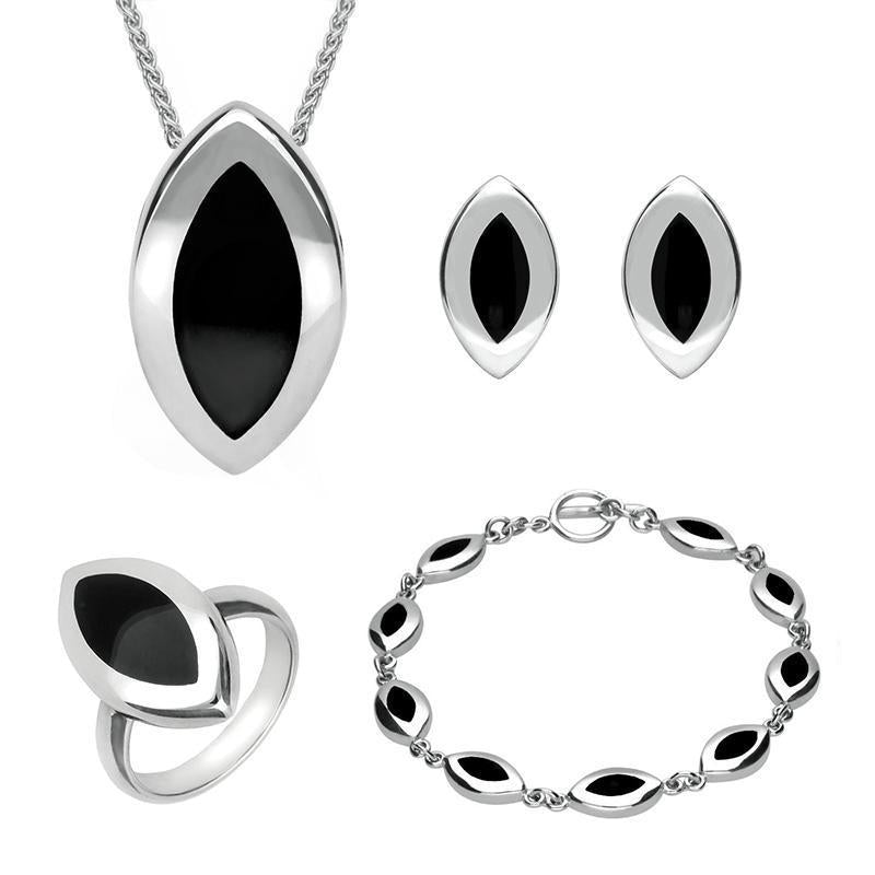 Sterling Silver Whitby Jet Marquise Four Piece Set. S007 