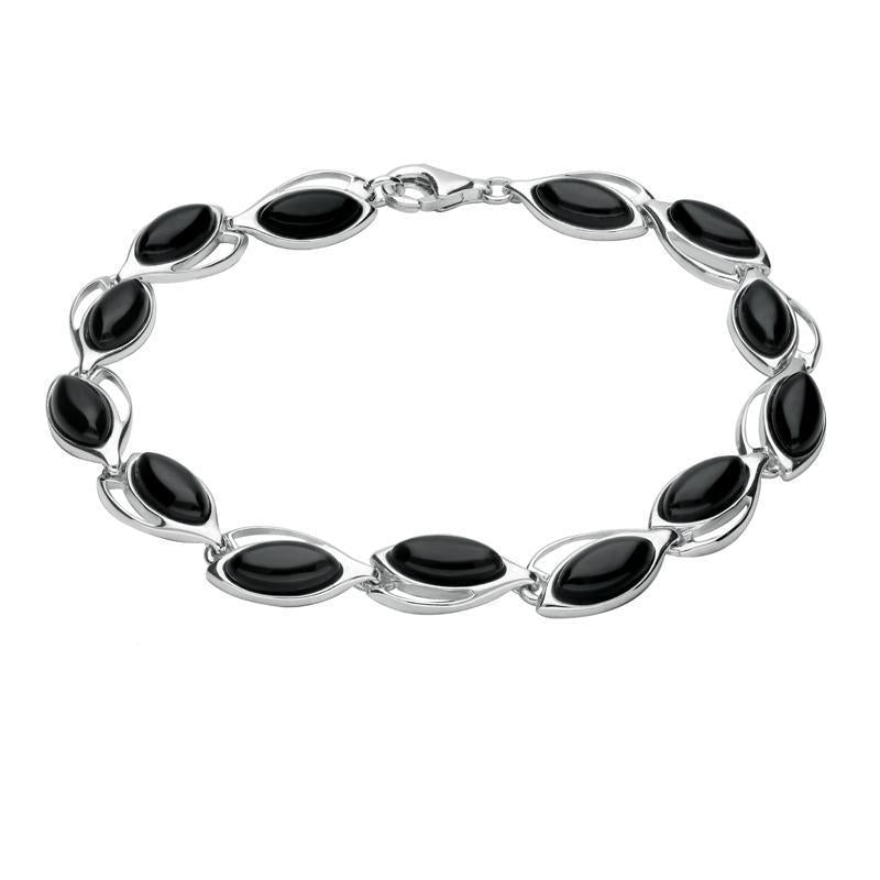 Sterling Silver Whitby Jet Marquise Thirteen Stone Bracelet. B998.