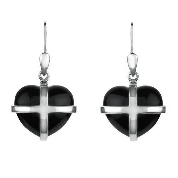 Sterling Silver Whitby Jet Cross Heart Drop Earrings E1288