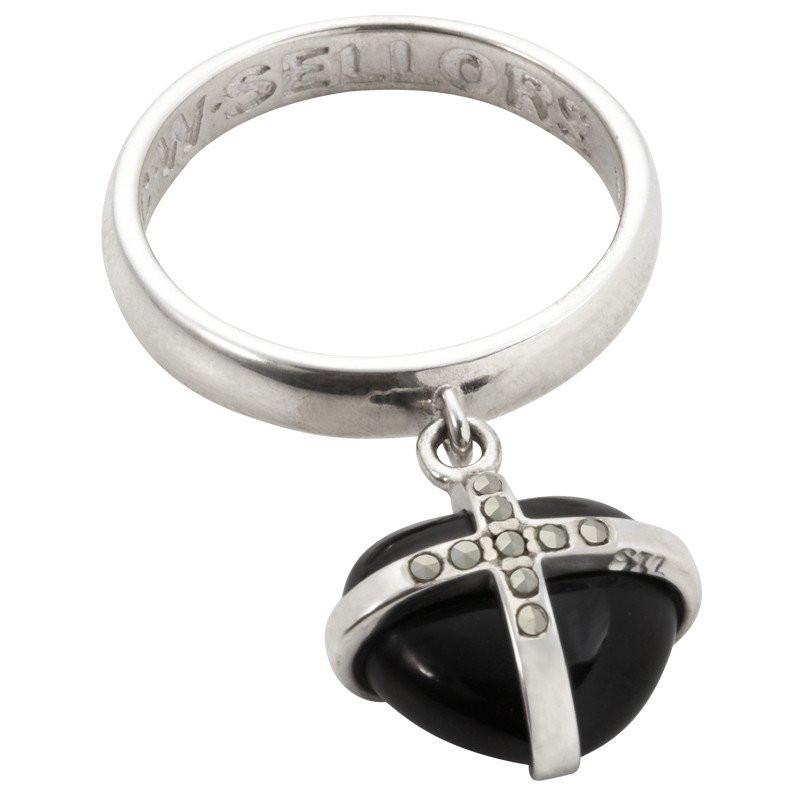 Sterling Silver Whitby Jet Nine Marcasite Small Cross Heart Dropper Ring R982
