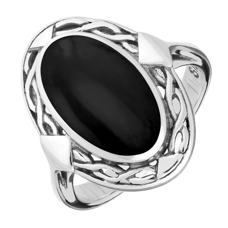 Sterling Silver Whitby Jet Oval Celtic Ring. R128.