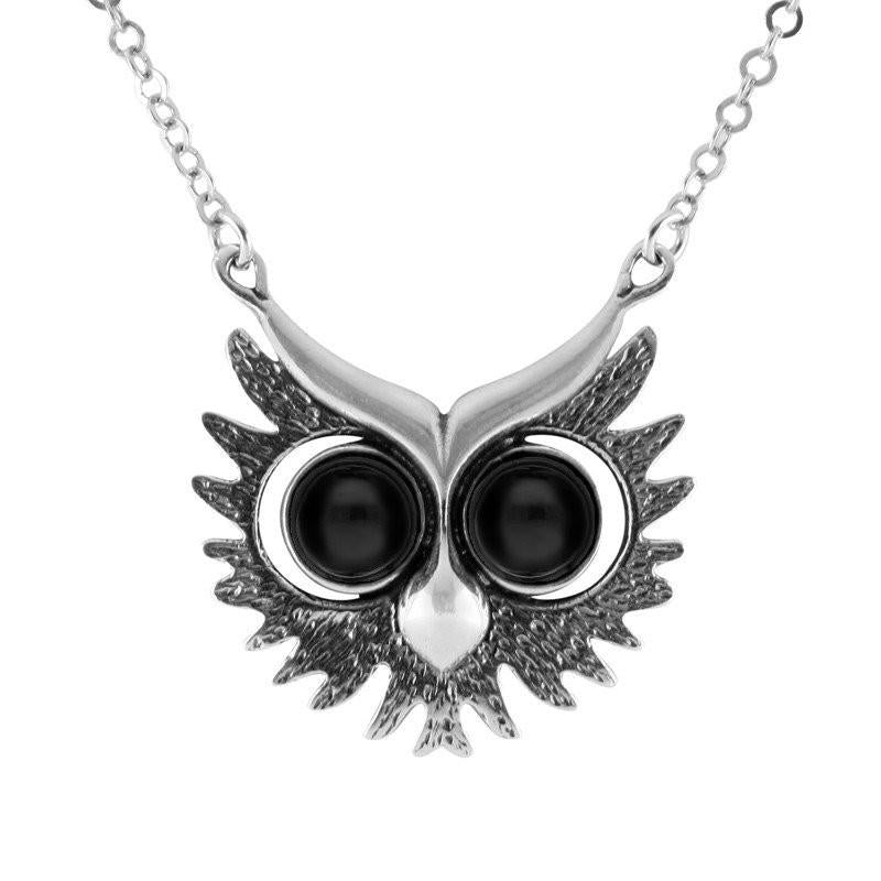 Sterling Silver Whitby Jet Owls Face Necklace N945