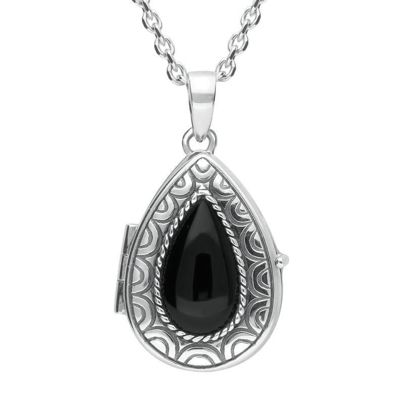 Sterling Silver Whitby Jet Pear Patterned Locket Necklace P2098