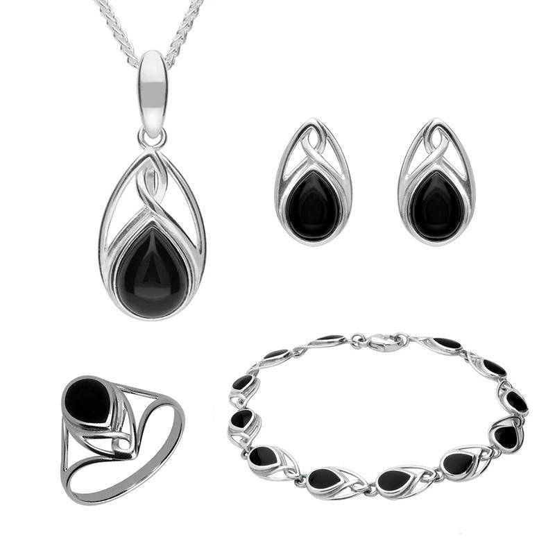 Sterling Silver Whitby Jet Pear Shaped Celtic Four Piece Set. S001 