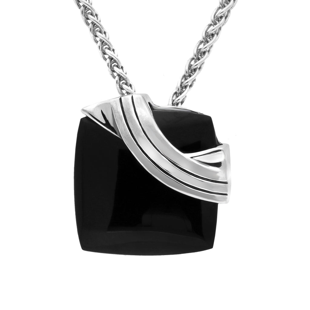 Sterling Silver Whitby Jet Ridged Cushion Necklace. P2604.  